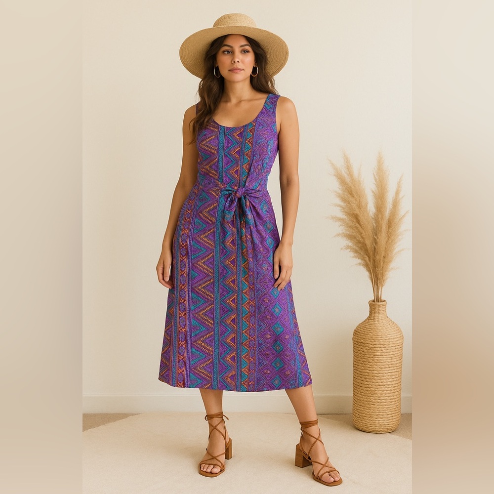 Vintage 90s La Belle Aztec Print Midi Dress Purple Magenta Boho Sz M Boho Indie